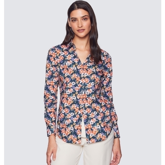 Banana Republic Women's Button Down Blouse Navy Coral Orange Floral Print Medium - Picture 1 of 7